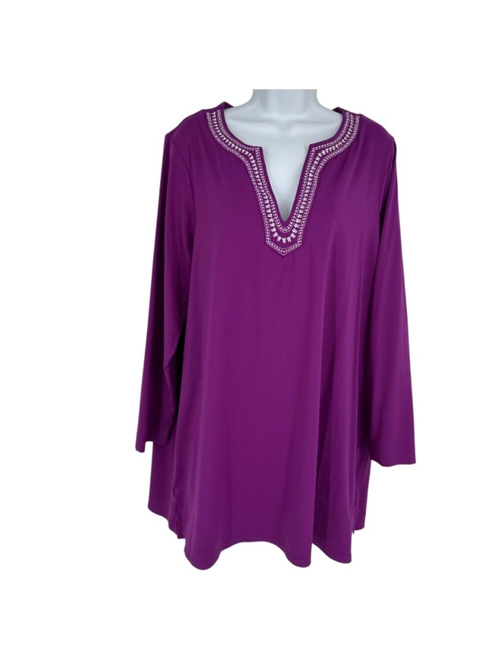 Lands End Women's Embroidered Neckline Long Sleeve Purple Tunic Size 1X
